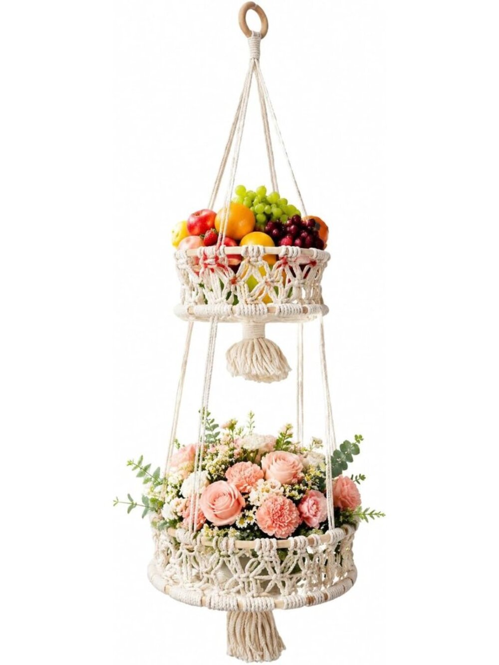 2-Tier Macrame Plant Hanger & Woven Cotton Rope Basket for Home Decor & Storage